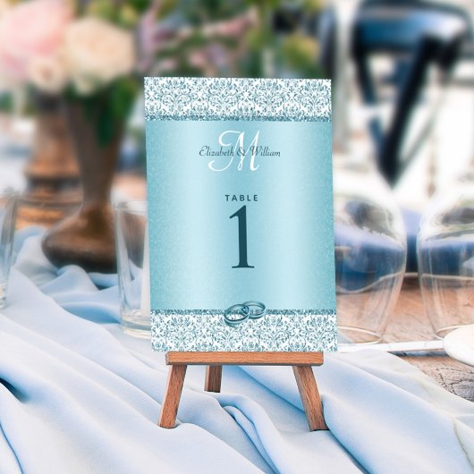Blue Monogram Damask Glitter Wedding Kaart