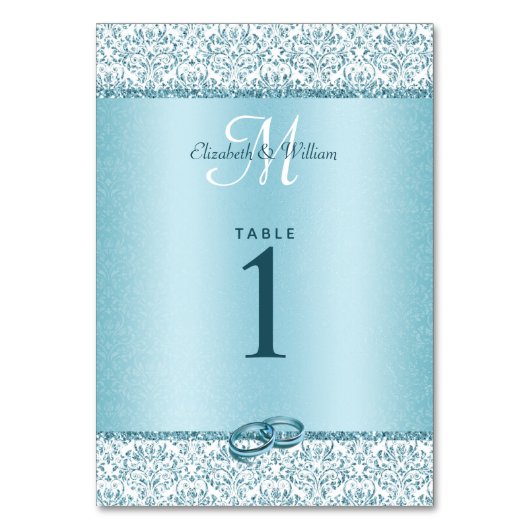 Blue Monogram Damask Glitter Wedding Kaart (Achterkant)