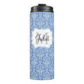 Blue Monogram Damask Pattern Thermal Tumbler Thermosbeker (Voorkant)