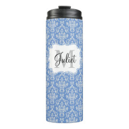 Blue Monogram Damask Pattern Thermal Tumbler Thermosbeker