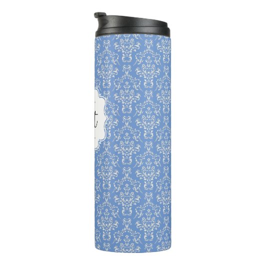 Blue Monogram Damask Pattern Thermal Tumbler Thermosbeker (Geroteerd rechts)