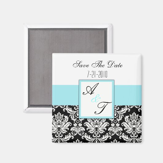 Blue Monogram Damask Wedding Magnet (Voorkant / Achterkant)