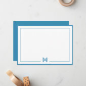 Blue Monogram Double Border Stationery Notitiekaartje (Voorkant / Achterkant in situ)