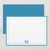 Blue Monogram Double Border Stationery Notitiekaartje (Voorkant / Achterkant)