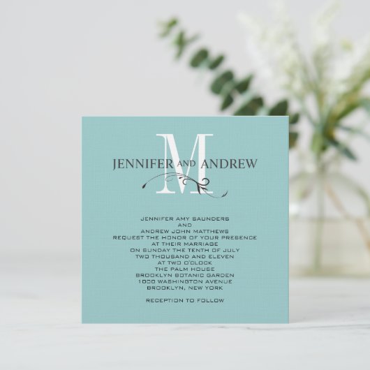 Blue Monogram en Names Wedding Invitation Kaart (Staand voorkant)