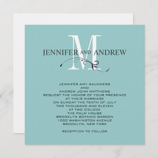 Blue Monogram en Names Wedding Invitation Kaart (Voorkant / Achterkant)