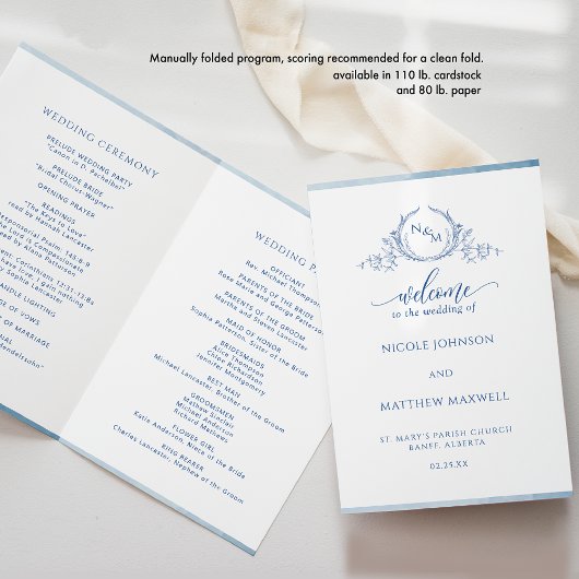 Blue Monogram Folded Wedding Ceremony Program
