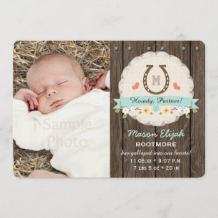 Blue Monogram Hoefijzer Westerne Geboorteaankondig Aankondiging