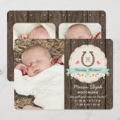 Blue Monogram Hoefijzer Westerne Geboorteaankondig Aankondiging (Voorkant / Achterkant)