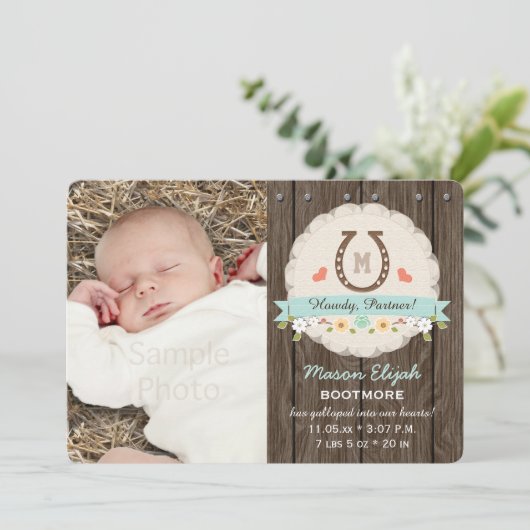 Blue Monogram Hoefijzer Westerne Geboorteaankondig Aankondiging (Staand voorkant)