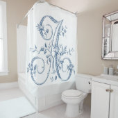 Blue Monogram Letter A  Frans Rosebud Douchegordijn (In situ)