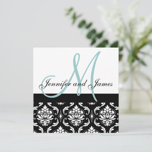 Blue Monogram Names Damask Wedding Invitation Kaart (Staand voorkant)