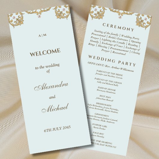 Blue Monogram Pearl Vintage Wedding Programma Programmakaart