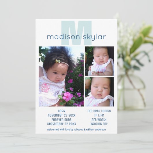 Blue Monogram Simple Adoption 3 Foto Collage Aankondiging (Staand voorkant)