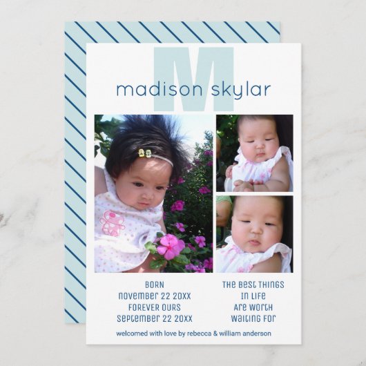 Blue Monogram Simple Adoption 3 Foto Collage Aankondiging (Voorkant / Achterkant)