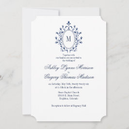BLUE Monogram Wedding Invitation Kaart
