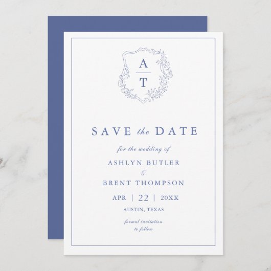 Blue Monogram Wedding Save the Date Kaart (Voorkant / Achterkant)