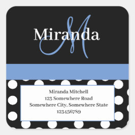 Blue Monogram White Polka Dot Return Address Vierkante Sticker