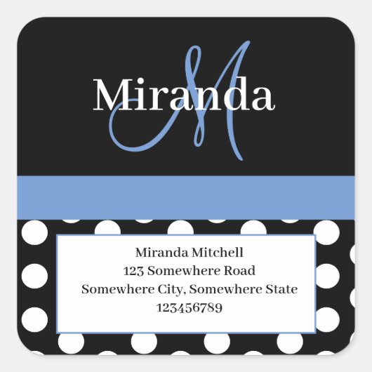 Blue Monogram White Polka Dot Return Address Vierkante Sticker (Voorkant)