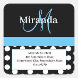 Blue Monogram White Polka Dot Return Address Vierkante Sticker