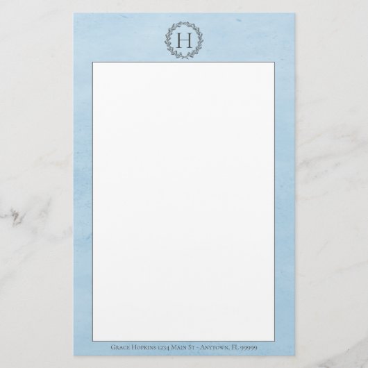 Blue Monogram Wreath Stationery Briefpapier (Voorkant)