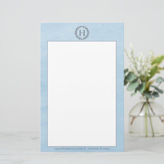 Blue Monogram Wreath Stationery Briefpapier (Staand voorkant)