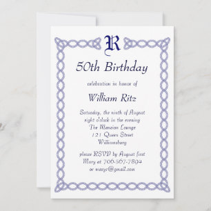 Blue Monogrammed Birthday Invitation Kaart