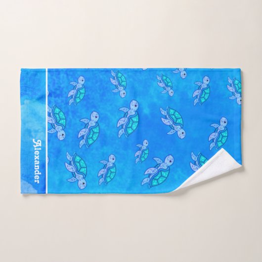 Blue Monogrammed Name under the zee Turtle Bad Handdoek (Handdoek)