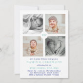 Blue Monogrammed Photo Collage Naming Ceremony Feestdagenkaart (Voorkant)