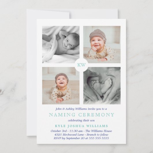 Blue Monogrammed Photo Collage Naming Ceremony Feestdagenkaart (Voorkant)