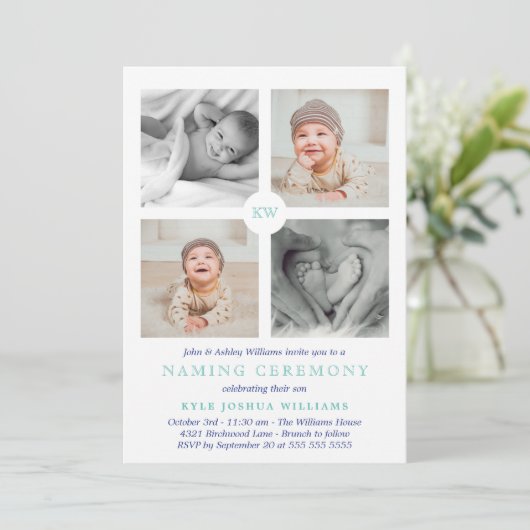 Blue Monogrammed Photo Collage Naming Ceremony Feestdagenkaart (Staand voorkant)