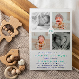 Blue Monogrammed Photo Collage Naming Ceremony Feestdagenkaart