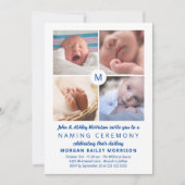 Blue Monogrammed Photo Collage Naming Ceremony Kaart (Voorkant)