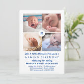 Blue Monogrammed Photo Collage Naming Ceremony Kaart (Staand voorkant)