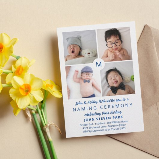 Blue Monogrammed Photo Collage Naming Ceremony Kaart