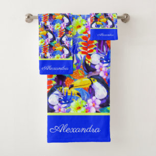 Blue Monogrammed Toucan-vogeltropische bloemen Bad Handdoek