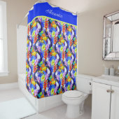 Blue Monogrammed Toucan-vogeltropische bloemen Douchegordijn (In situ)