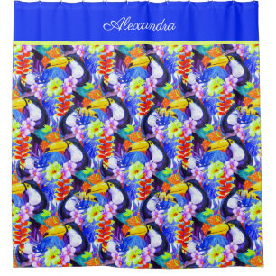 Blue Monogrammed Toucan-vogeltropische bloemen Douchegordijn