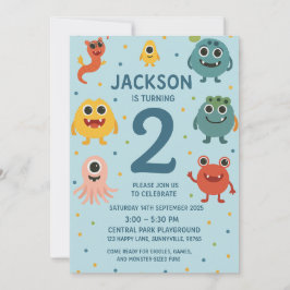 Blue Monster Boys 2nd Birthday Invitation Fun Kind Kaart