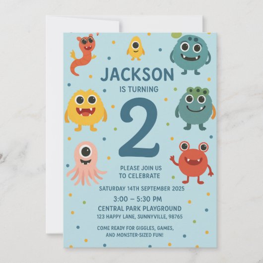 Blue Monster Boys 2nd Birthday Invitation Fun Kind Kaart (Voorkant)