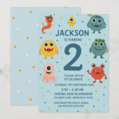 Blue Monster Boys 2nd Birthday Invitation Fun Kind Kaart (Voorkant / Achterkant)