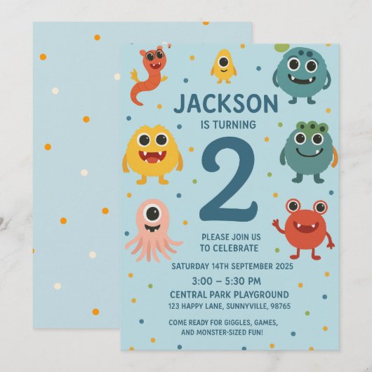 Blue Monster Boys 2nd Birthday Invitation Fun Kind Kaart (Voorkant / Achterkant)