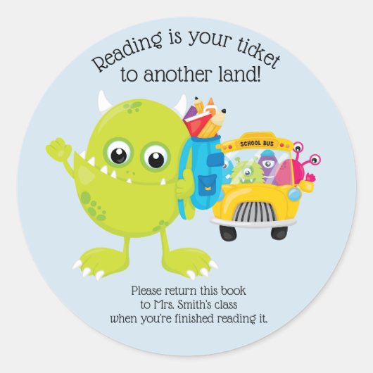 Blue Monster Schoolbus Classroom Teacher Book Ronde Sticker (Voorkant)