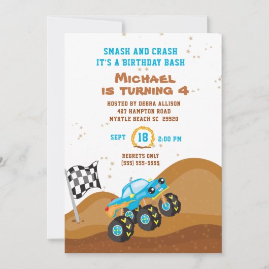 Blue Monster Truck 4th Birthday Racing Kaart (Voorkant)
