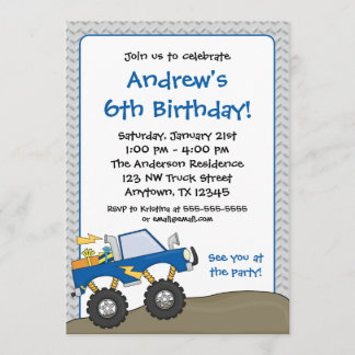 Blue Monster Truck Birthday Invitations Kaart