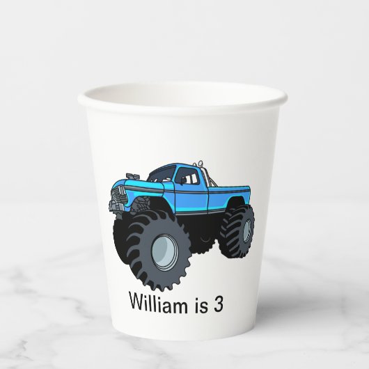 Blue Monster Truck Personalized Birthday Papieren Bekers (Voorkant)