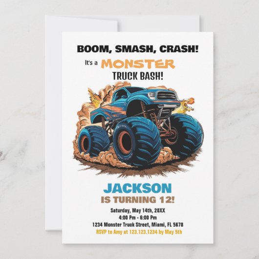 Blue Monster Truck Verjaardag Uitnodigingen (Voorkant)