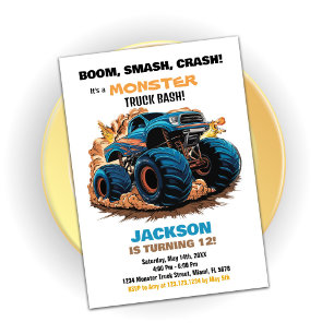 Blue Monster Truck Verjaardag Uitnodigingen