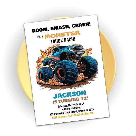 Blue Monster Truck Verjaardag Uitnodigingen