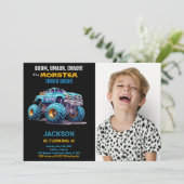 Blue Monster Truck Verjaardag Uitnodigingen Foto (Staand voorkant)